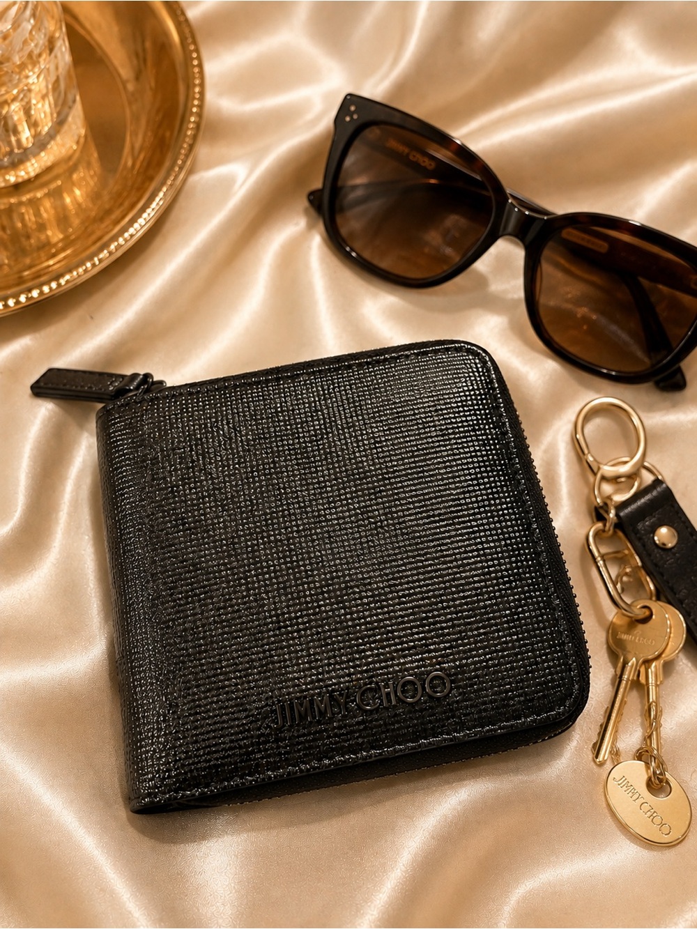 Jimmy Choo Gunmetal Black Metallic Zip Around Wallet, Brand New - all leather